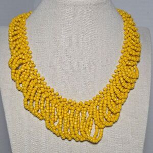 Charming Charlie Yellow Seed Bead Statement Bib Necklace Beaded Chunky Boho Vaca